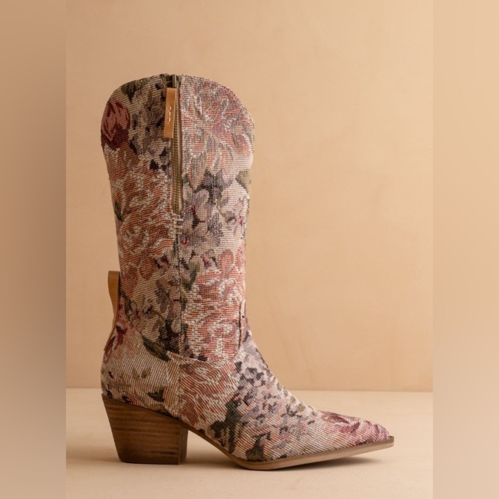 Beige brown floral appliqué jacquard embroidered tapestry western cowboy boots - Picture 3 of 3